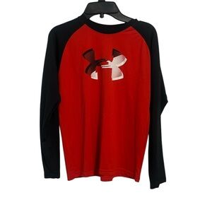 SOLD Boys Under Armour Sz Med Long Sleeve Shirt Loose Fit Heat Gear Red Black